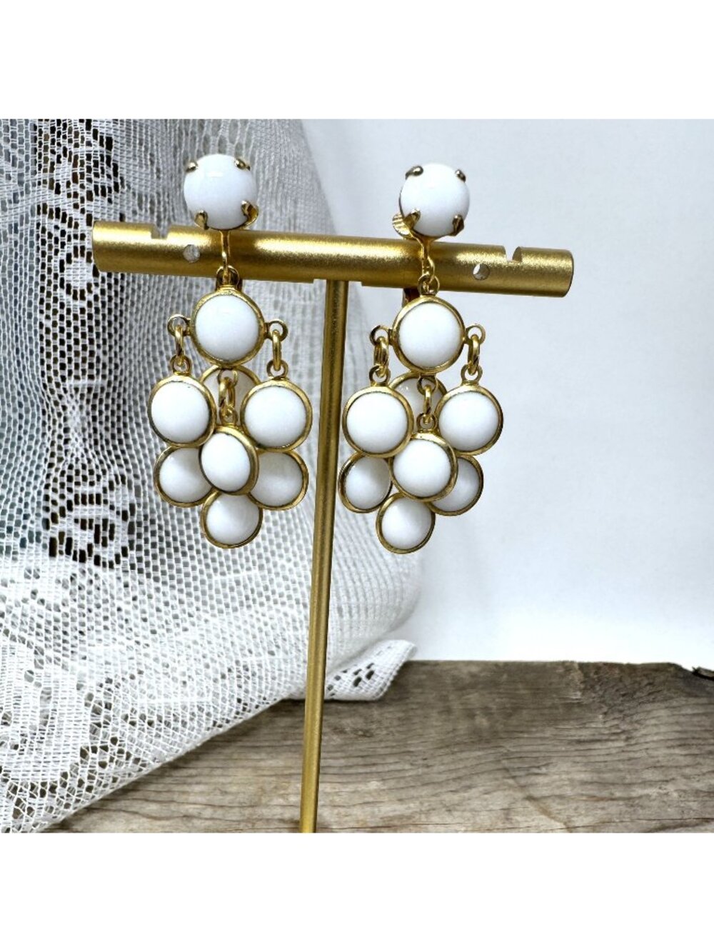 Vintage 1960's Gold Tone Cluster Earrings White Milk Glass Cabs Clip ons